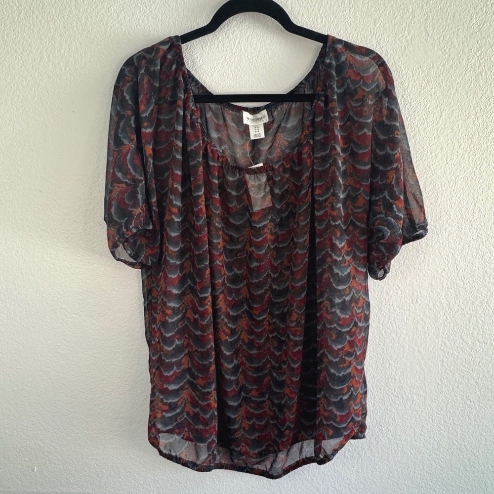 Motherhood Maternity Sheer Abstract Print Blouse Orange Grey Short Sleeve Size M